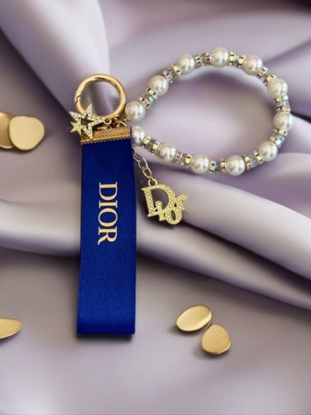Fashion Dior Ribbon Pearl Beaded Key Holder Bag Charm (Royal Blue 💙)